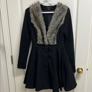 Black Pea Coat with Faux Fur Trim | Size S